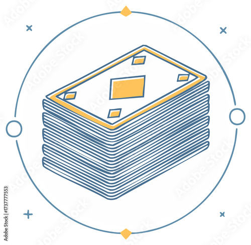 Stack of playing cards with diamond symbols outlined in blue and yellow on white