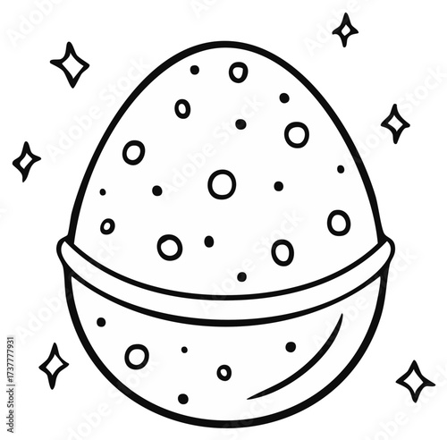 Monochrome doodle illustration of a stylized planet with craters, rings, and sparkling stars suitable for coloring pages or graphic design