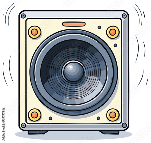 Cartoon illustration of a beige audio speaker or studio monitor vibrating with loud bass sound