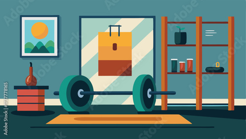 A home gym with a large wooden weight rack metal gym equipment and motivational wall art.