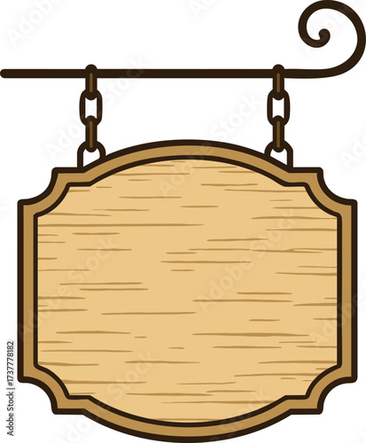 Hanging wooden shop sign with metal bracket