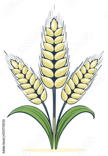 Three stalks of golden wheat with green leaves in a stylized illustration