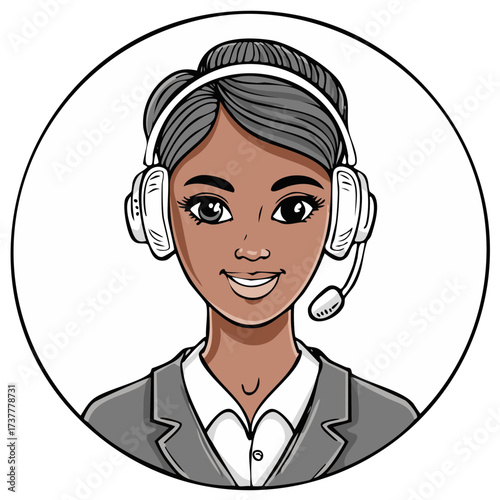 Friendly smiling woman wearing headset and suit in circular frame