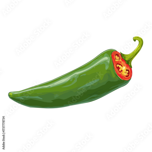 A green chili illustration, digital painting, green chili illustration in watercolor style, isolated on a white background, vegetable collection, EPS format design
