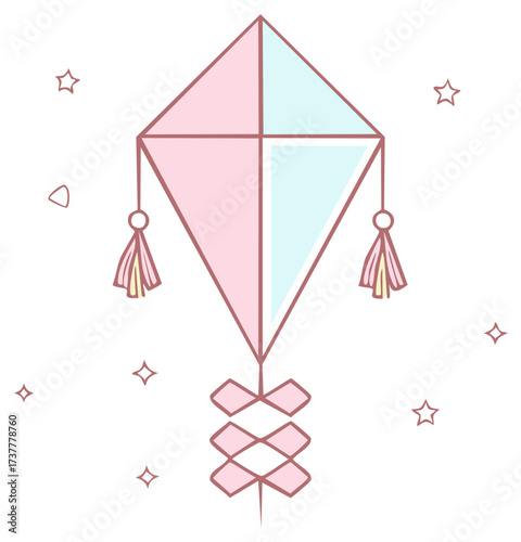 Whimsical diamond kite with pink and blue panels and decorative tassels in flight