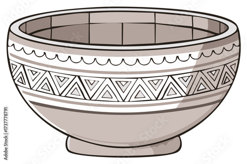 Stylish ceramic bowl with geometric triangular patterns and wavy edges, elegant decorative design, vintage illustration.