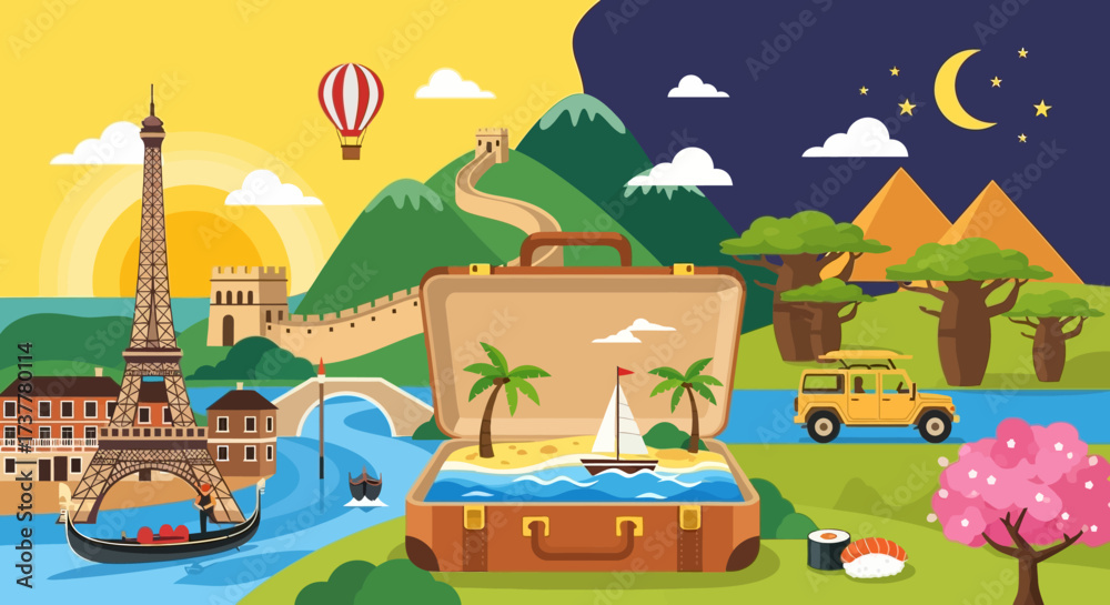 Obraz premium Global Travel Destinations Collage - Eiffel Tower, Great Wall, Safari, and Tropical Beach.