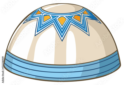 Mongolian style yurt dome illustration with traditional blue and orange geometric patterns