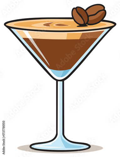 Vector illustration of an espresso martini cocktail with coffee beans and creamy foam