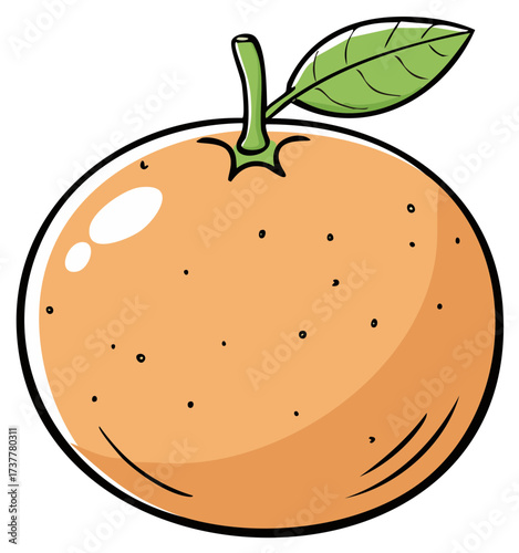 Stylized illustration of a ripe orange with a green leaf and stem