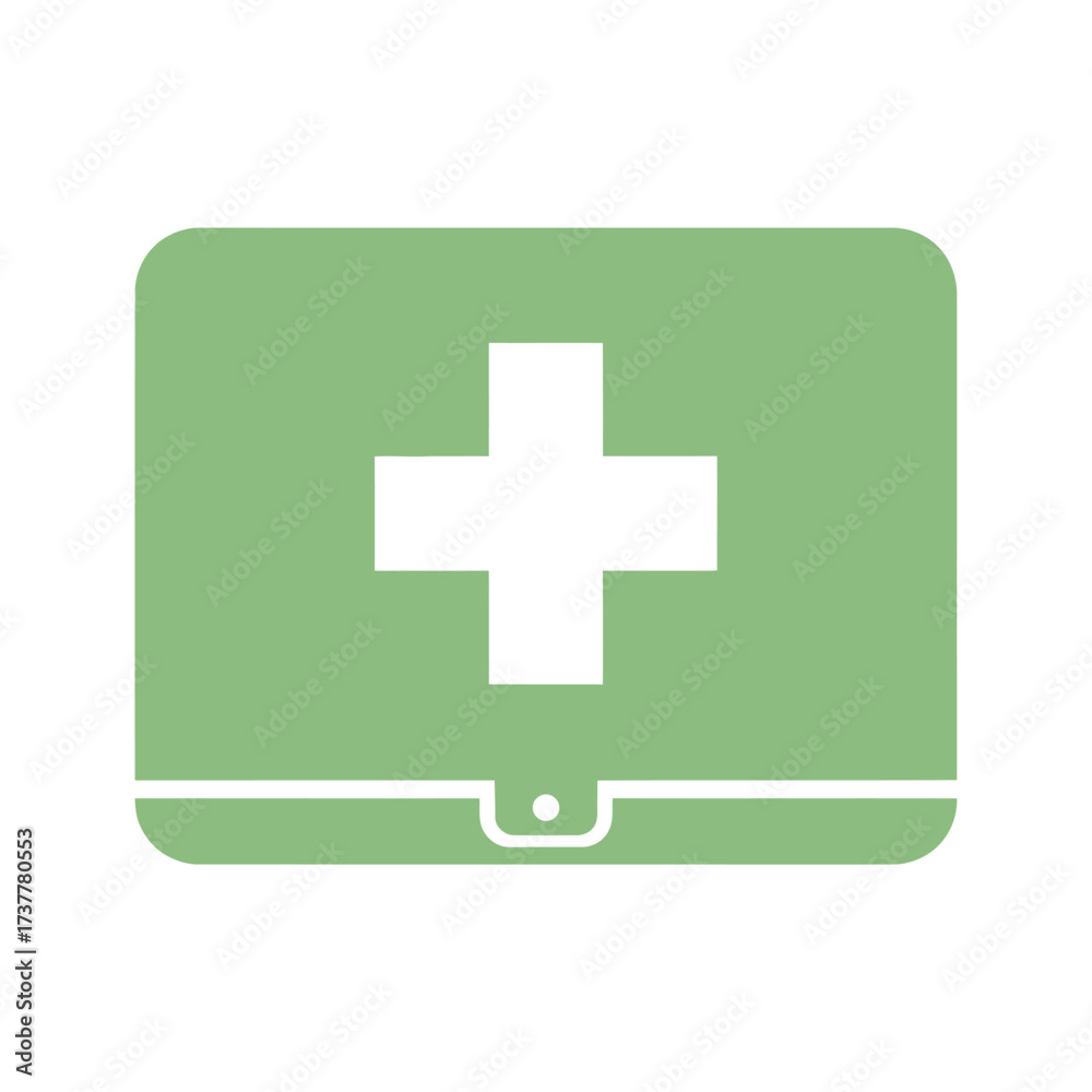 Obraz premium Green Medical Laptop Icon with White Cross Symbol for Healthcare Technology.
