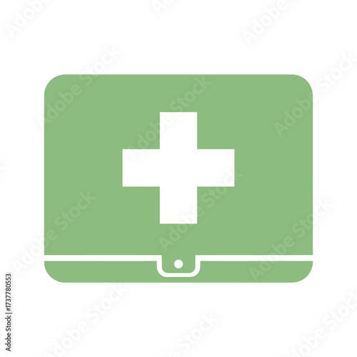Green Medical Laptop Icon with White Cross Symbol for Healthcare Technology.