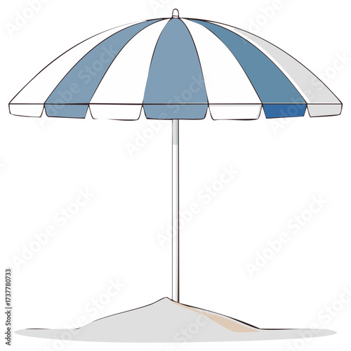 Clean vector illustration of a blue and white striped beach umbrella standing in sand for summer vacation