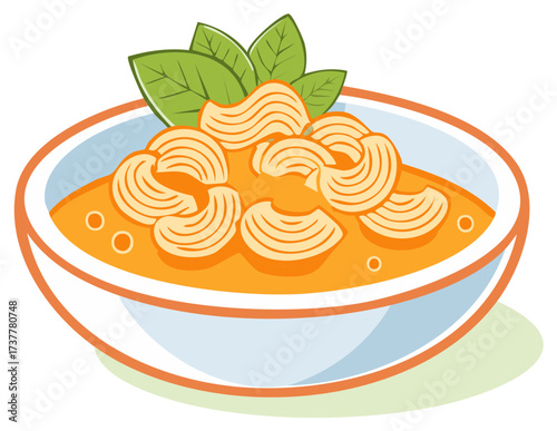 Illustration of soup with pasta and basil leaves in a bowl