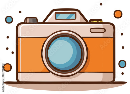 Vintage camera with orange body and blue lens, vector illustration