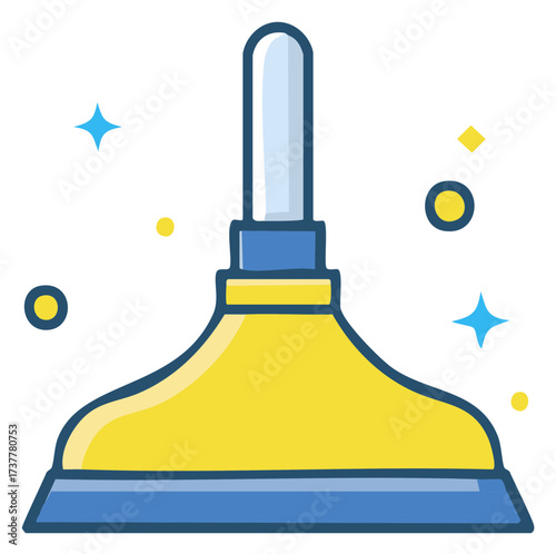 Cartoon illustration of a plunger in yellow and blue, with clean sparkling elements.