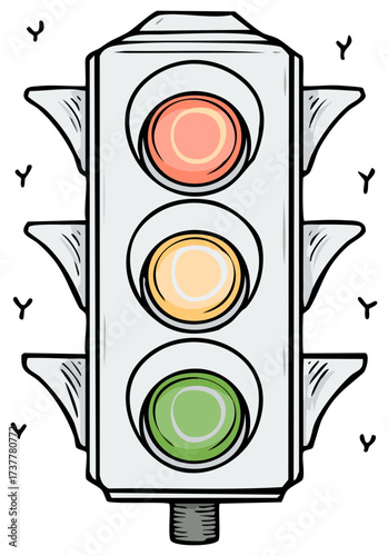 Hand drawn traffic light signal with red yellow and green lights illustration