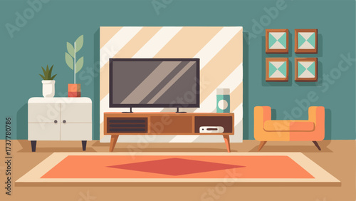 A modern and inviting living room with a light wood entertainment center white leather sofa and a geometric patterned rug.
