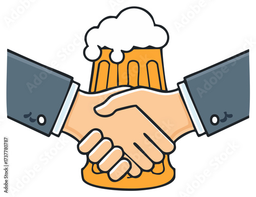 Illustrated handshake and beer mug symbolizing agreement partnership and good times
