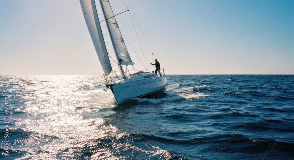 Fototapeta premium Sailboat speeds through ocean, sun glints off water; person stands on deck