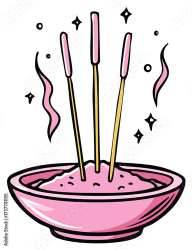 Cartoon Aromatic Incense Sticks Burning in Pink Ceremony Bowl with Magical Elements