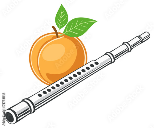A ripe peach with leaves and a silver flute in artistic illustration