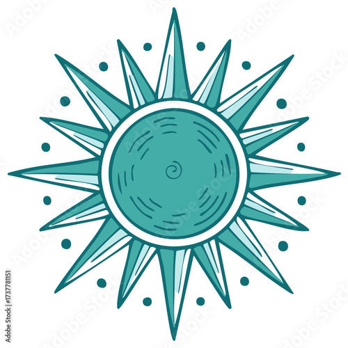 Hand drawn turquoise sunburst design with pointy rays and decorative elements symbolizing brightness and energy