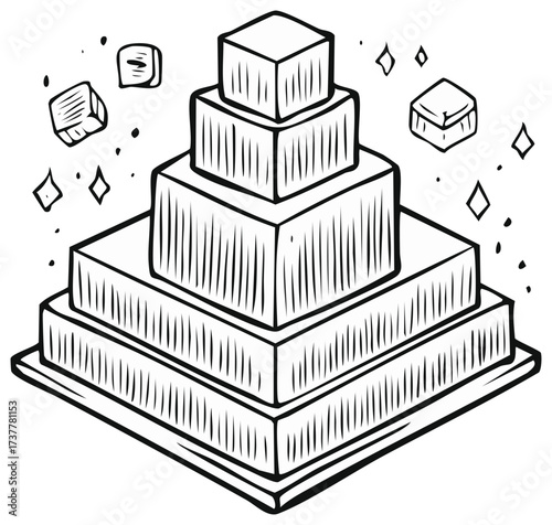 Hand drawn style vector illustration of a tiered square wedding cake with sparkle details for wedding event