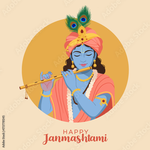 Happy Janmashtami Lord Krishna Playing Flute Hindu Festival Celebration Illustration