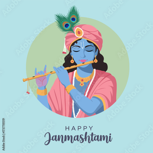 Lord Krishna Playing Flute, Happy Janmashtami Hindu Festival Celebration