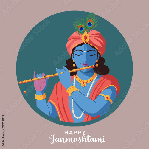 Lord Krishna Playing Flute for Happy Janmashtami Hindu Festival Illustration