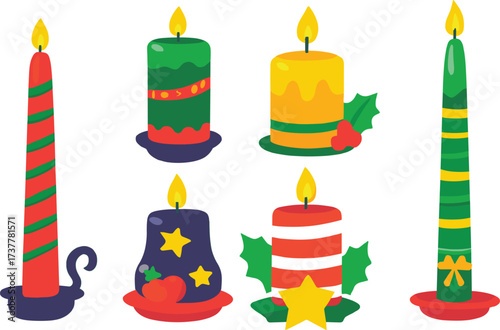 Colorful decorative candle vector illustration, festive wax designs with stripes, stars, holly, bows, berries, perfect for holiday celebration and seasonal content