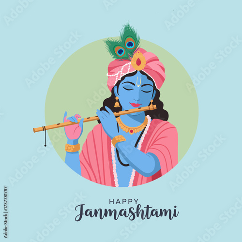 Happy Janmashtami: Lord Krishna Playing Flute Vector Illustration