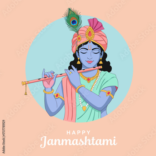 Happy Janmashtami Festival: Lord Krishna Playing Flute Divine Illustration.