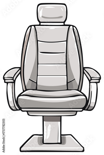 Stylized professional gray chair with armrests and headrest for barbershop and beauty salons.