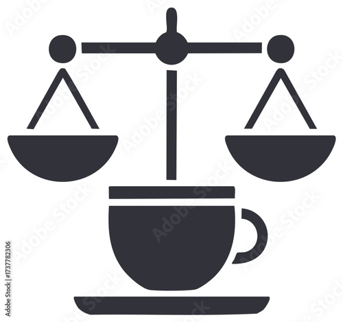 Balance scales over coffee cup symbolizing legal decisions and fairness in cafes