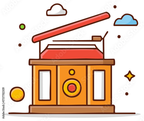 Vintage turntable plays music with playful clouds and stars illustration