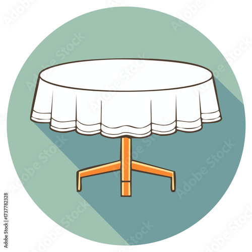 Round dining table with white tablecloth and shadow effect, flat design icon