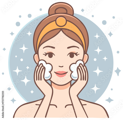 Cartoon Woman Cleansing Face with Cotton Pads for Skincare Routine with Sparkling Background in Vector Illustration
