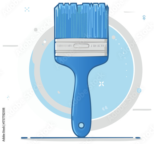 Blue Paint Brush Tool with Bristles, Handle and Decorative Background Elements for Painting and Art Projects