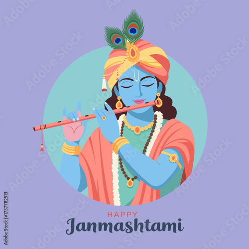 Divine Lord Krishna Playing Flute for Happy Janmashtami Celebration