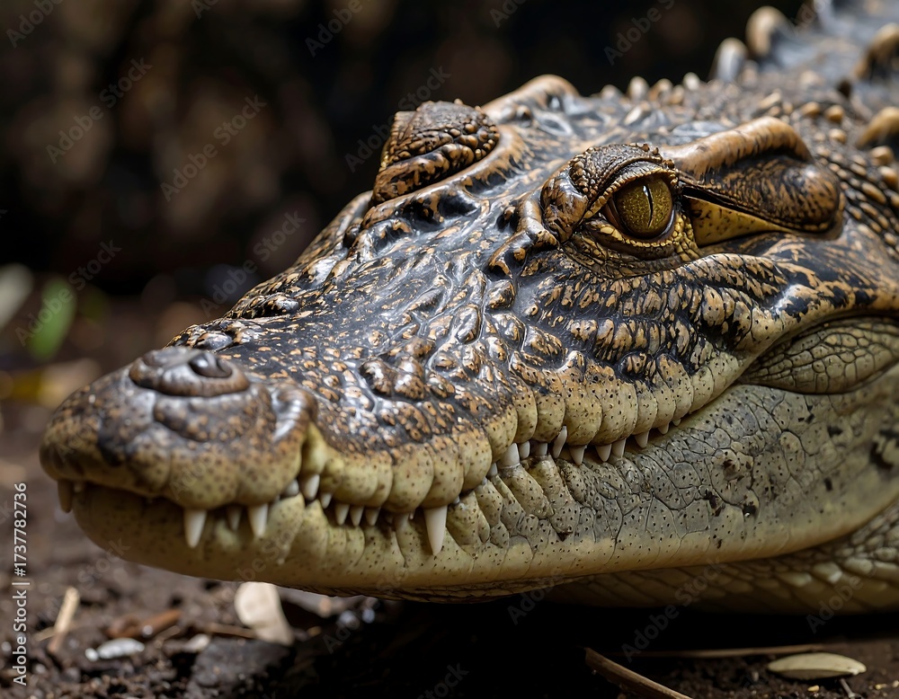 Fototapeta premium Close-up of a crocodile's head. Scales, teeth, and eyes are detailed