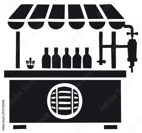 Wine Bar Silhouette with Bottles Tap and Canopy Illustration in Black and White