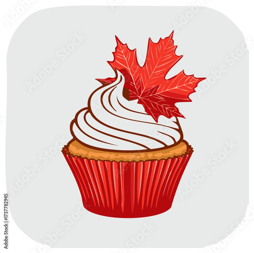 Cupcake decorated with red maple leaf illustration, holiday concept