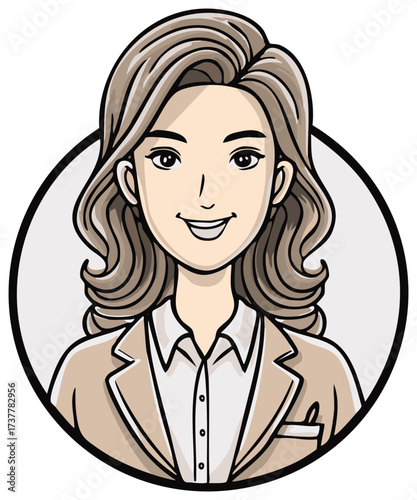 Smiling professional woman with wavy brown hair wearing a suit jacket and blouse in a circular frame