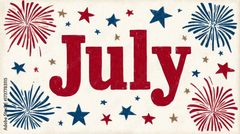Obraz premium July celebration with red and blue fireworks and stars on beige background