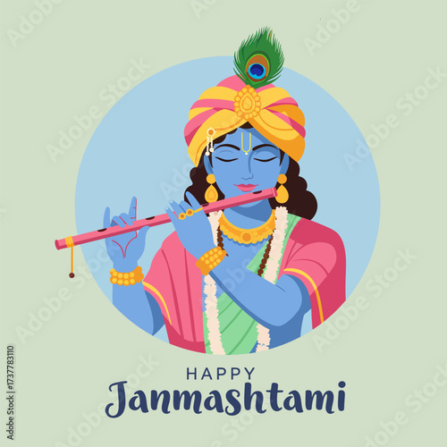 Vibrant Lord Krishna Playing Flute for Happy Janmashtami Festival Celebration