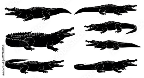 Crocodile Silhouette Collection - Vector Illustrations of Reptiles in Various Poses.