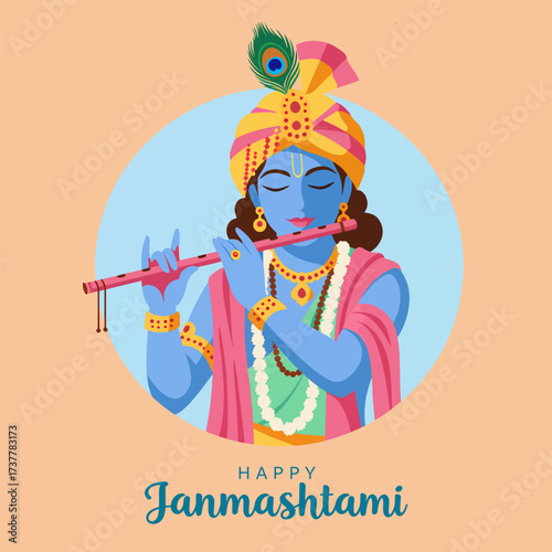 Happy Janmashtami Lord Krishna Playing Flute Peacock Feather Illustration