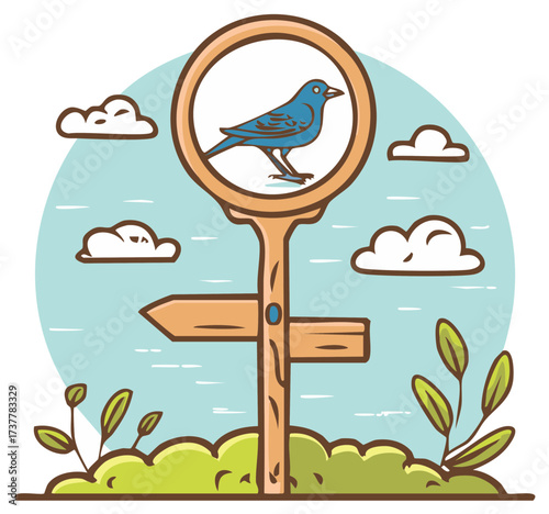 Bluebird perched in circle signpost surrounded by clouds and vegetation cartoon illustration